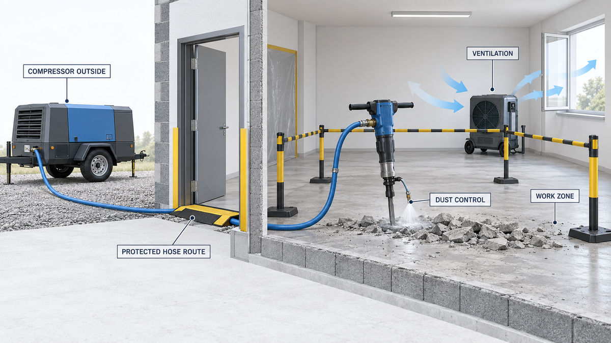 Indoor pneumatic breaker demolition layout with outdoor compressor, protected hose route, dust control and ventilation