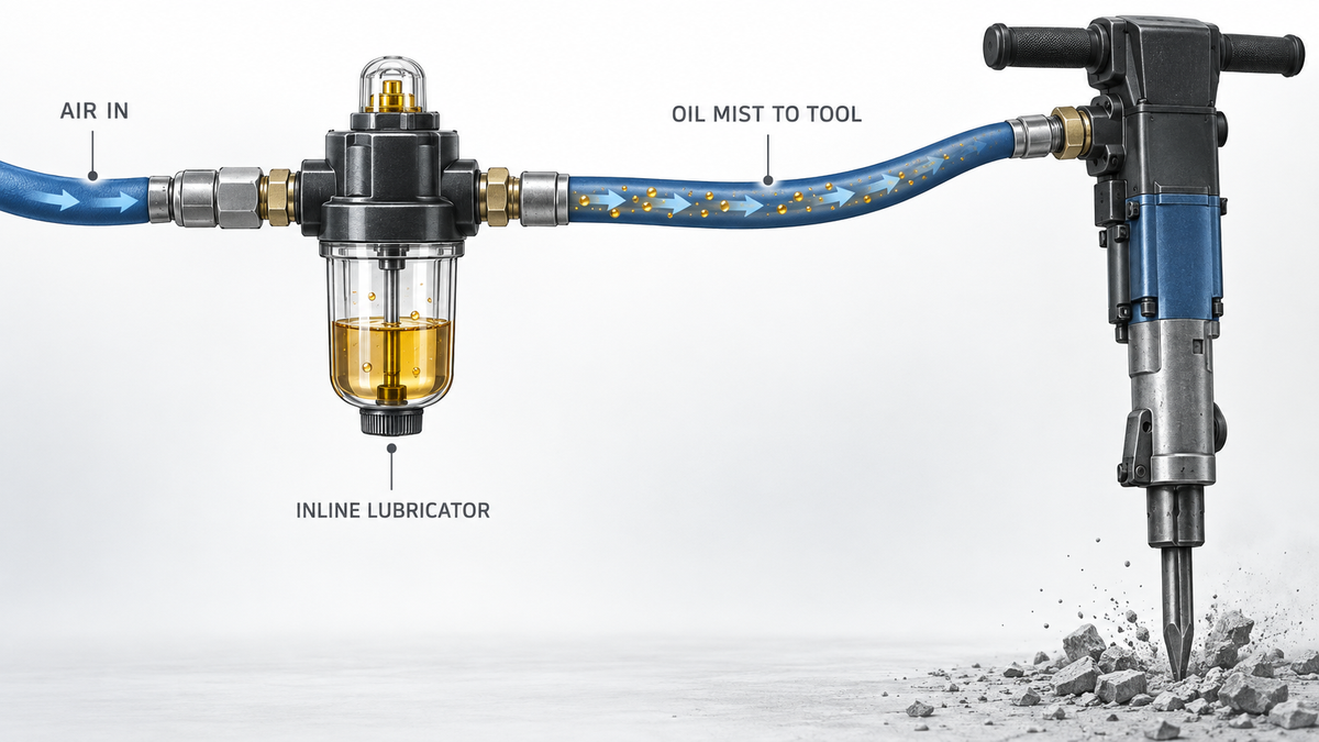 Illustrative pneumatic breaker air line showing inline lubricator, airflow direction and oil-mist path