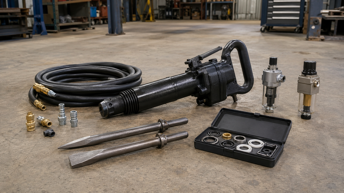 Complete pneumatic breaker package with hose, air treatment, chisels, and spare kit