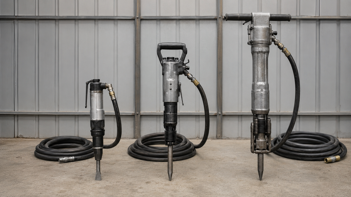 Unbranded chipping hammer, pneumatic pick hammer and heavy breaker arranged by size