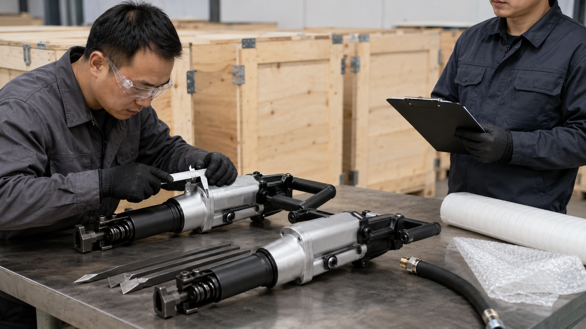 Inspectors checking unbranded pneumatic breakers before export packing