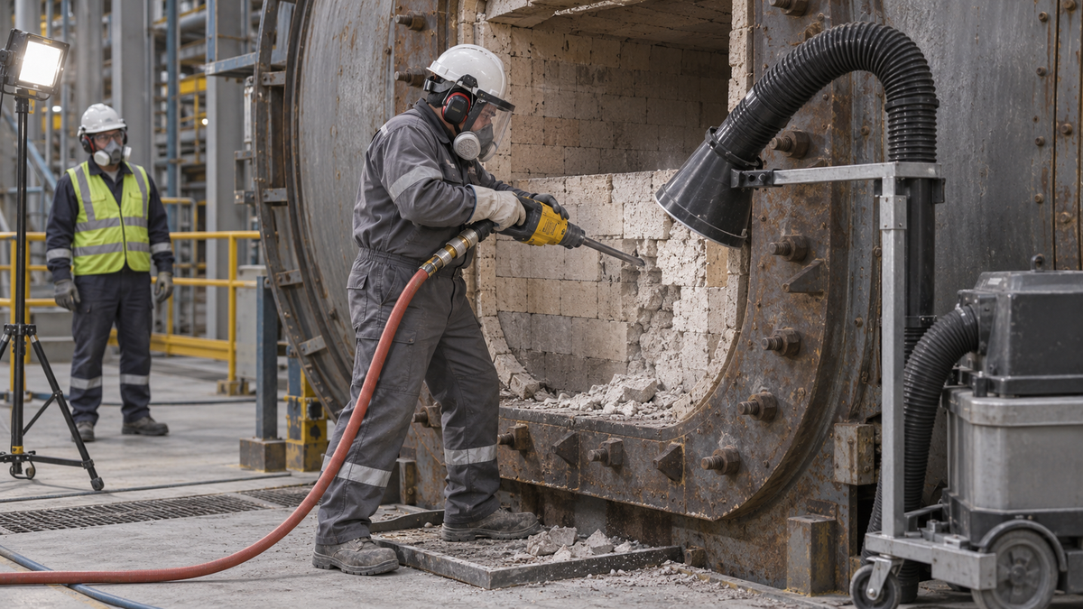 Controlled cold refractory demolition with a pneumatic breaker, dust extraction and isolated work area
