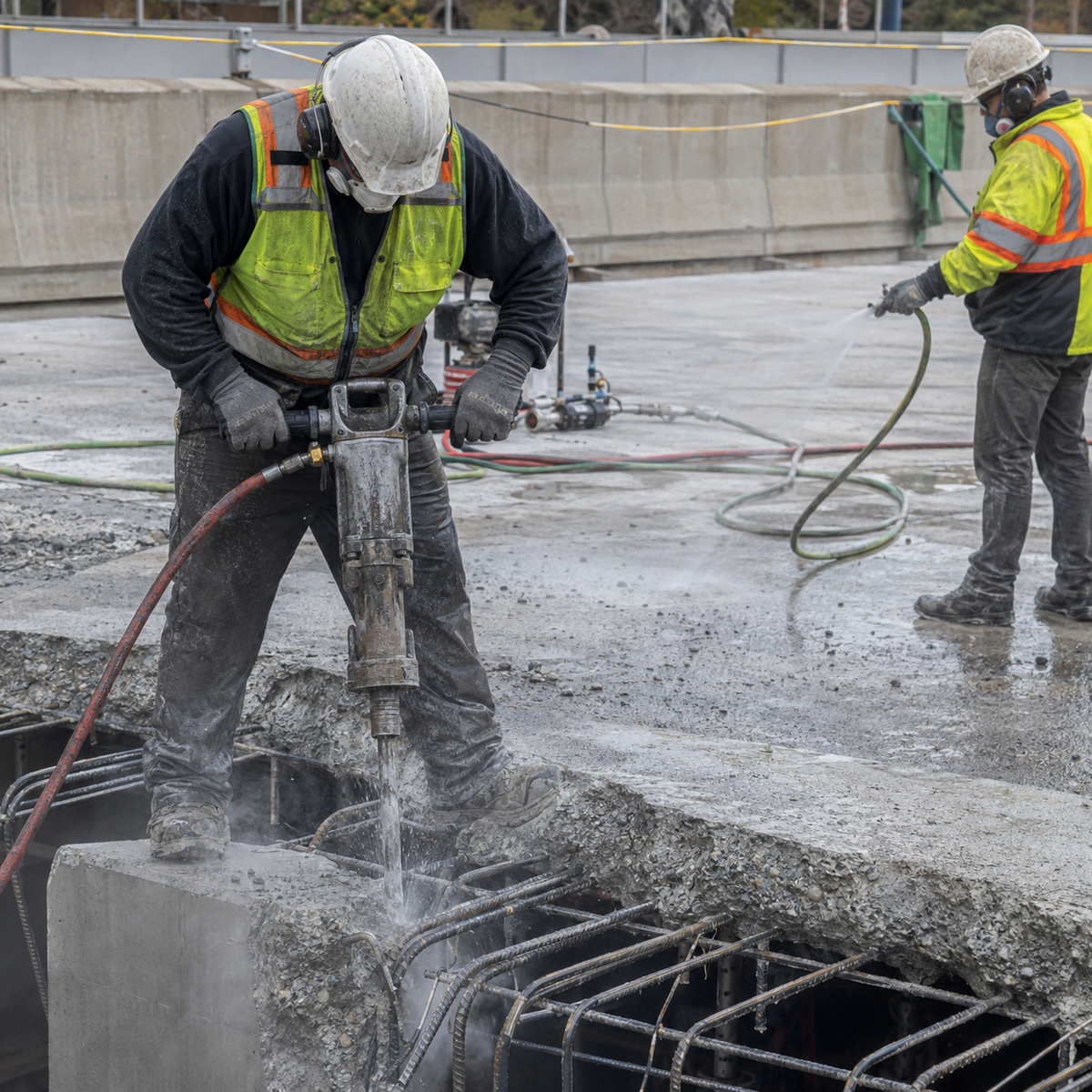 Crew using a pneumatic breaker with water mist on a reinforced concrete slab