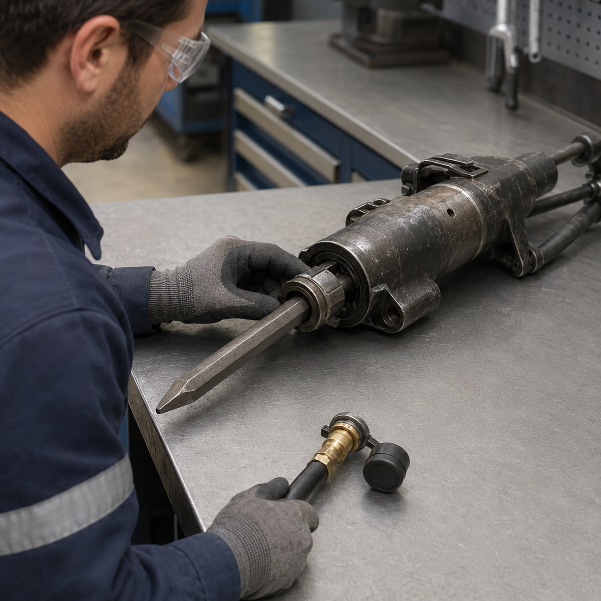 Technician inspecting a chisel stuck in a disconnected pneumatic breaker