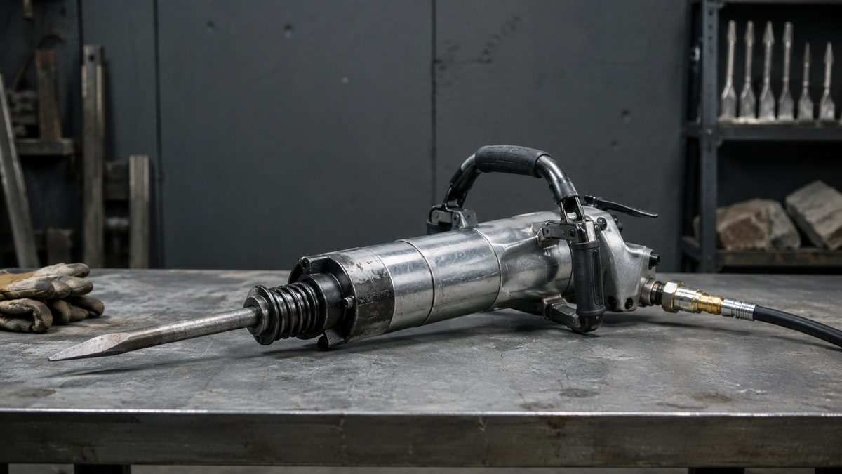 Unbranded pneumatic breaker prepared for vibration inspection on a maintenance bench
