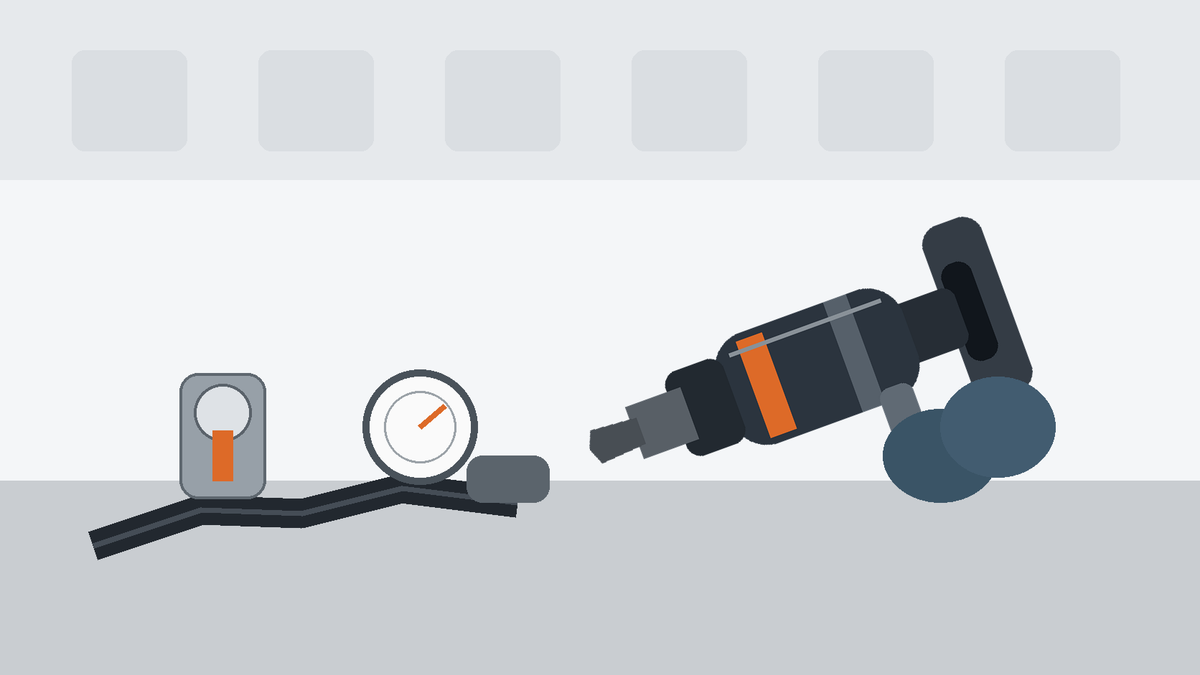 Technician-side diagnostic view of a pneumatic breaker, air hose, lubricator, and pressure gauge for weak-impact troubleshooting