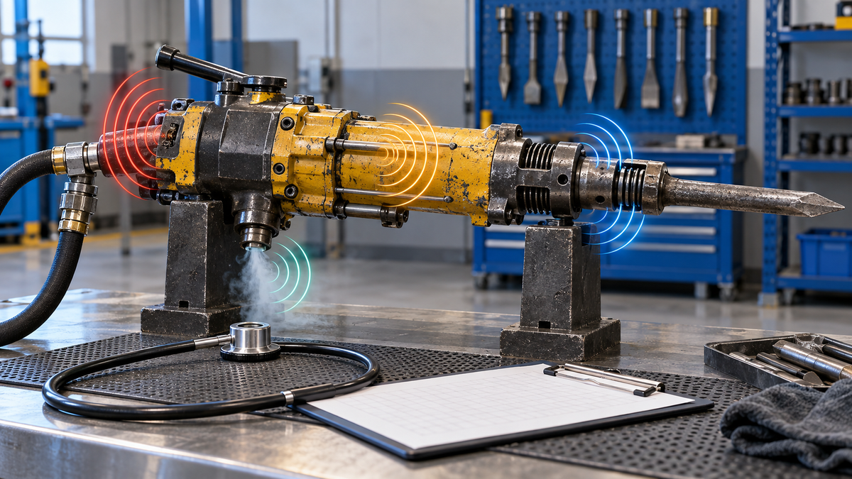 Pneumatic rock drill diagnostic zones for abnormal knock, rattle and exhaust-tone investigation