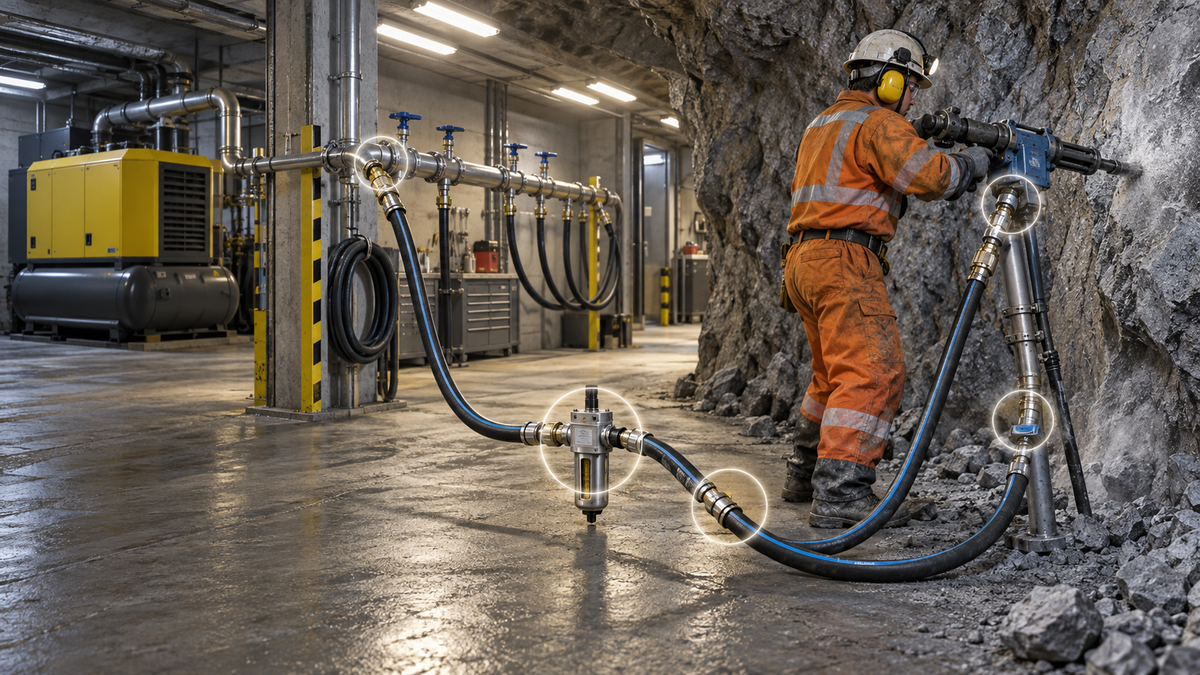 Pneumatic rock drill air supply path from compressor to drill
