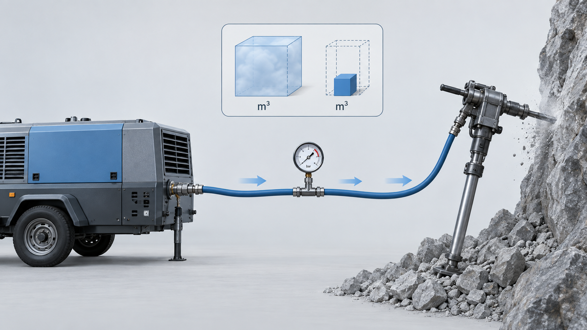 Pneumatic rock drill supplied by a compressor with airflow and pressure measurement diagram