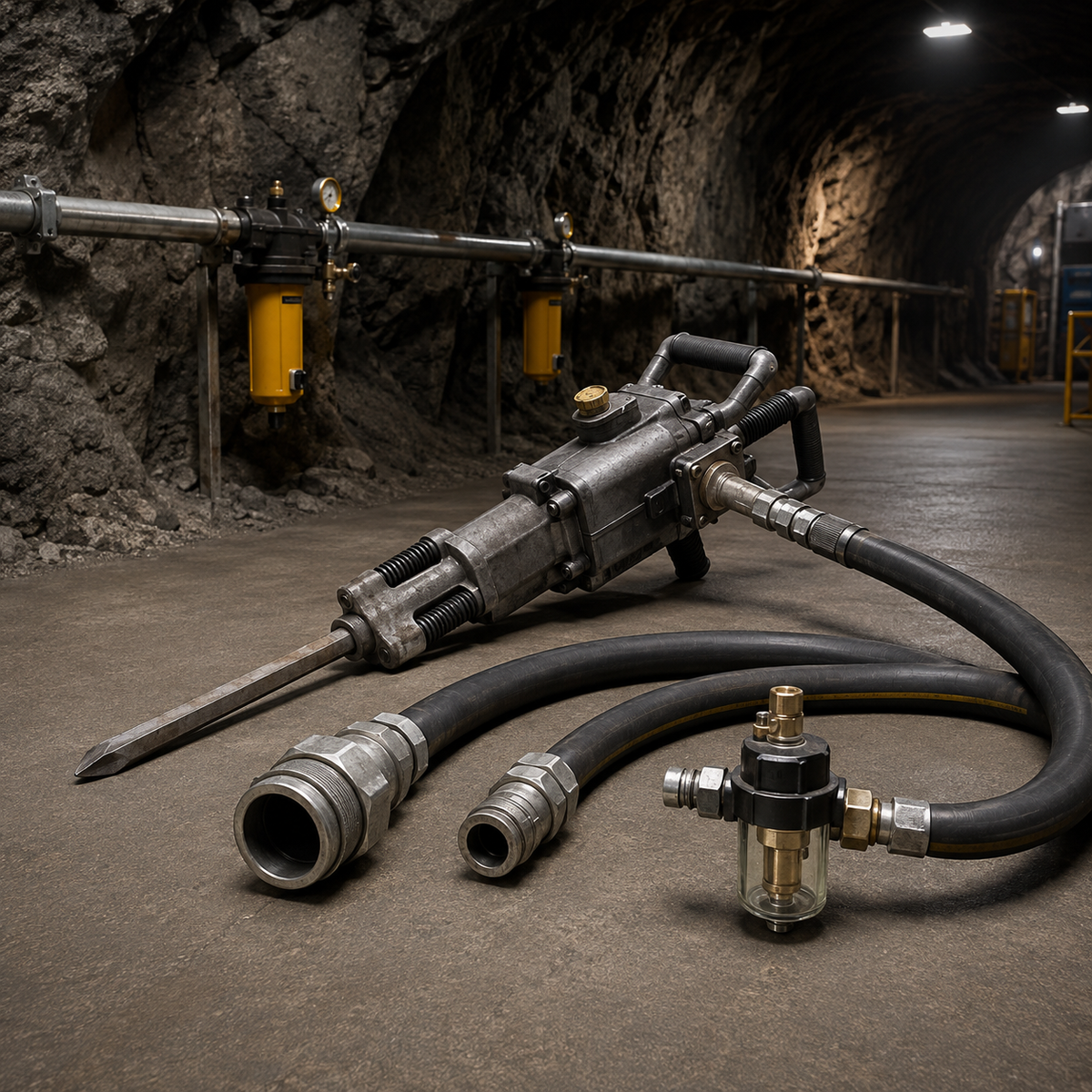 Pneumatic rock drill with compressed-air hoses, couplings and inline lubricator arranged for sizing checks