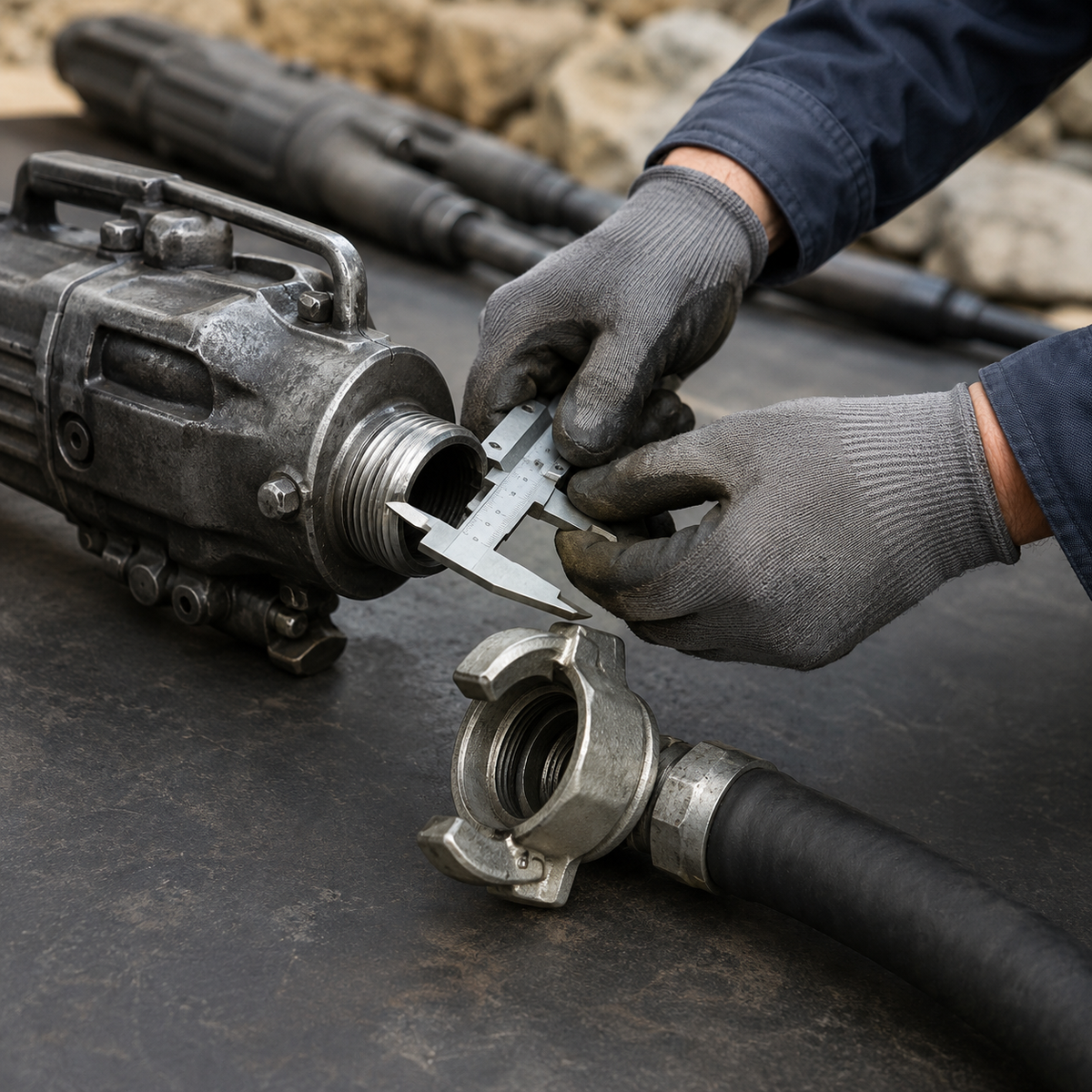 Technician measuring a pneumatic rock drill air inlet before selecting a hose coupling