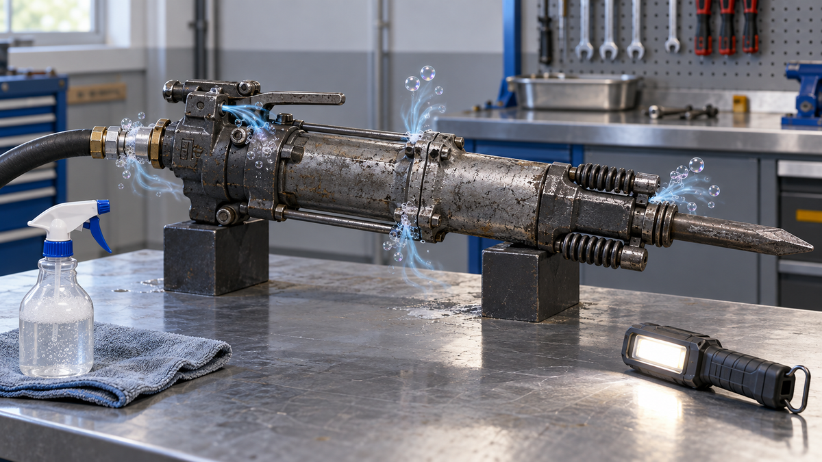 Pneumatic rock drill inlet, throttle, body-joint and exhaust leak zones checked in a workshop