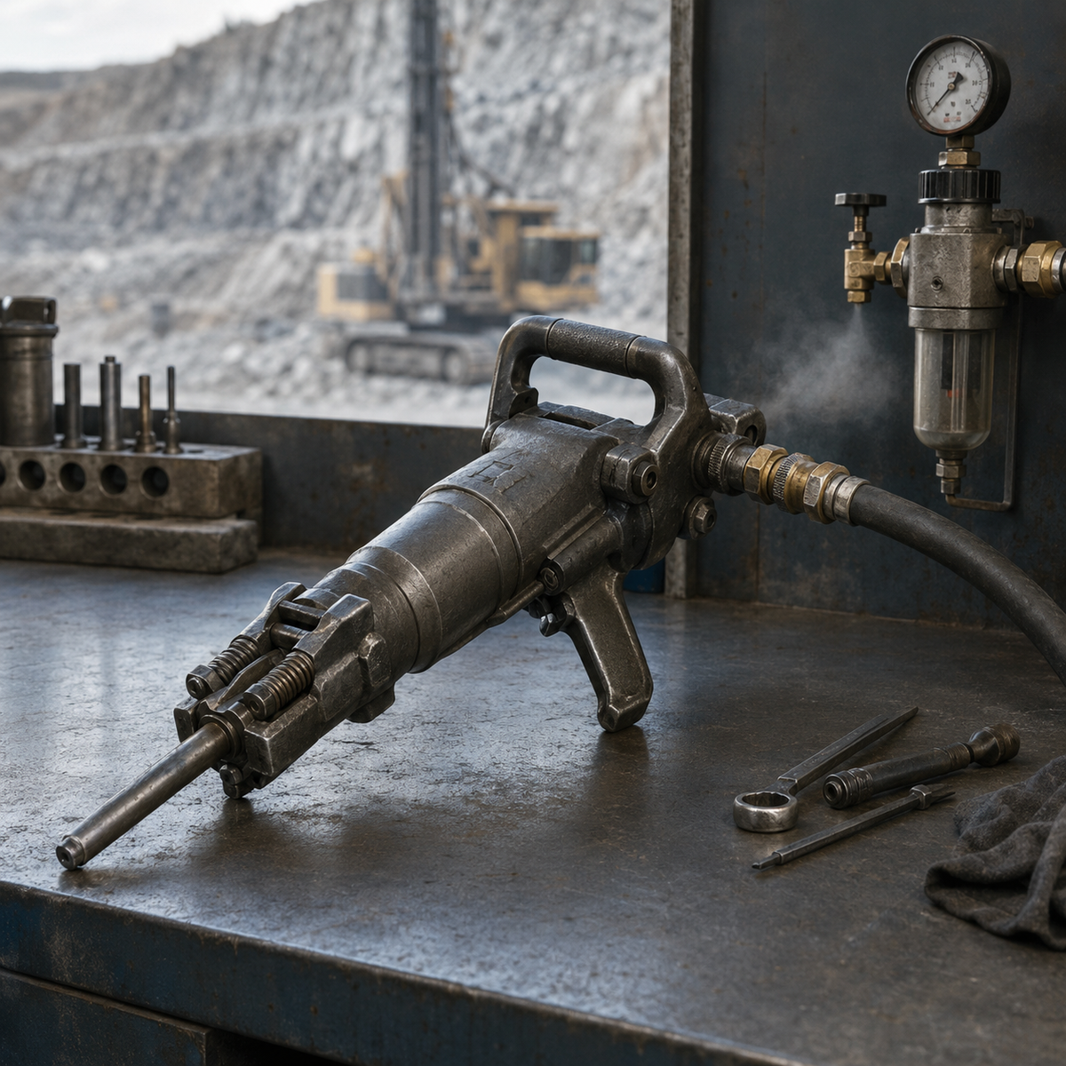 Pneumatic rock drill connected to an air line and pressure gauge during a no-impact diagnosis