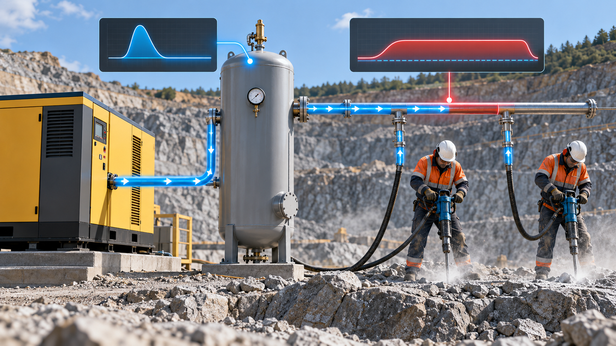 Compressor and air receiver supplying two pneumatic rock drills with transient and sustained demand paths