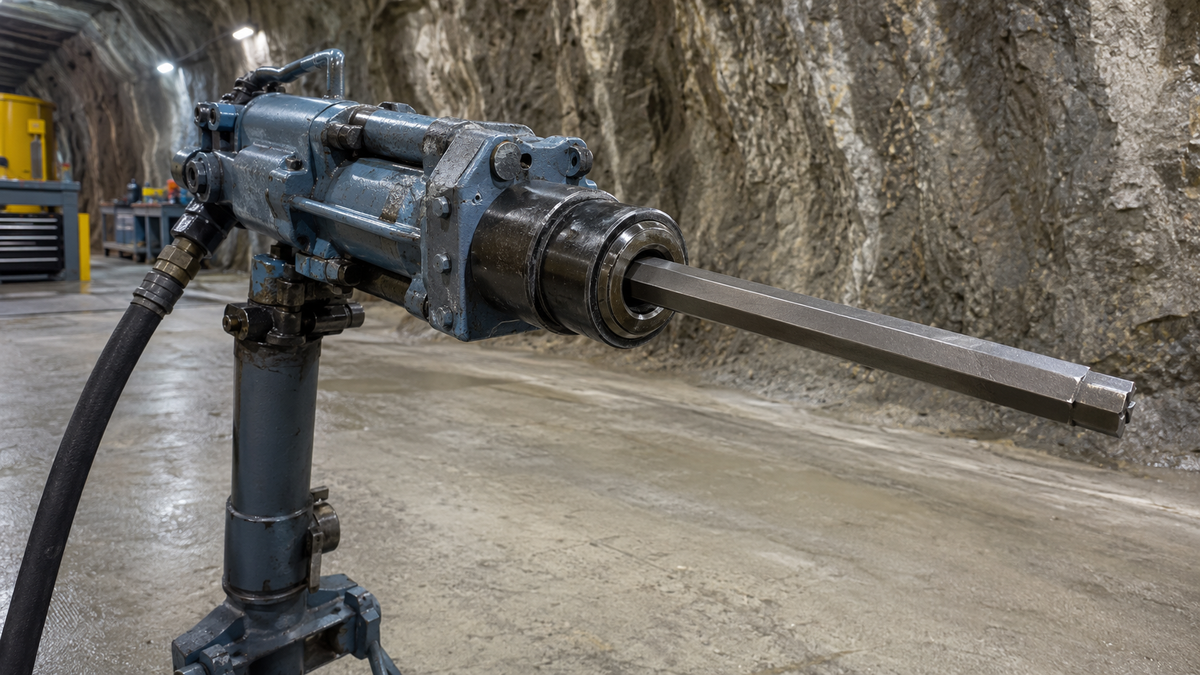 Air-leg pneumatic rock drill with the chuck-bushing area visible
