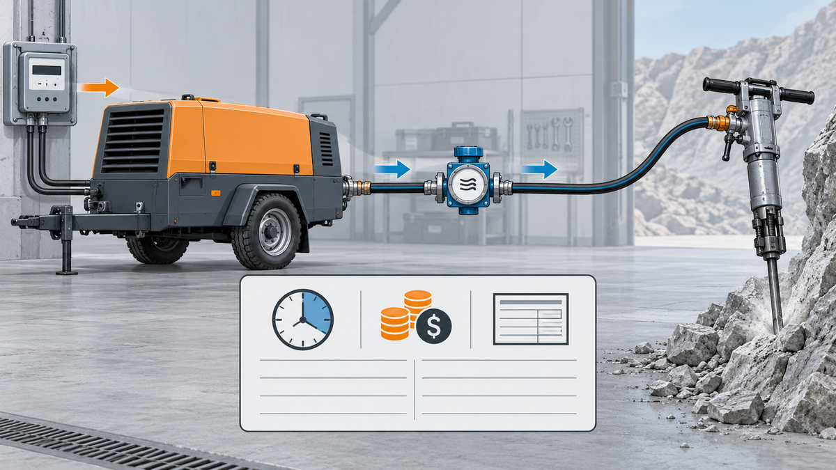 Diagram of a compressor, flow meter and pneumatic rock drill used to calculate compressed-air operating cost