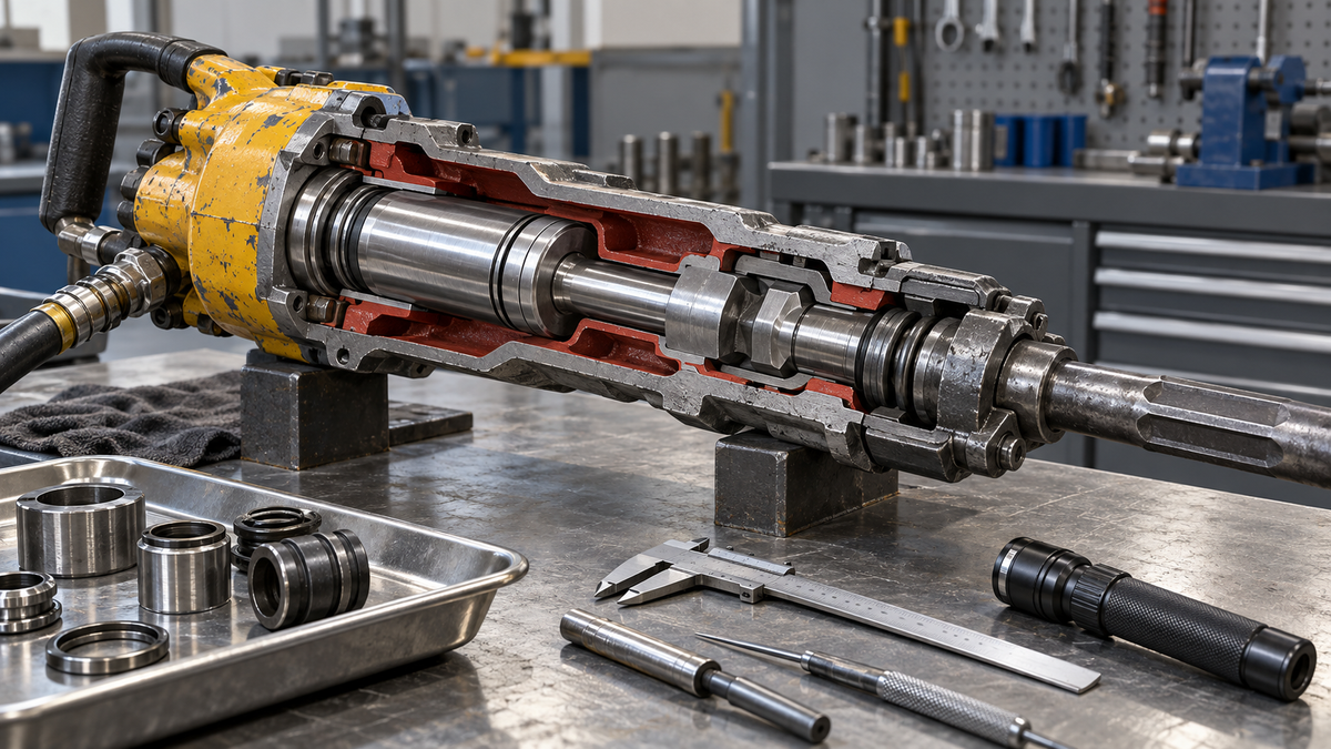 Pneumatic rock drill impact path isolated for dry-fire damage inspection and service-release checks