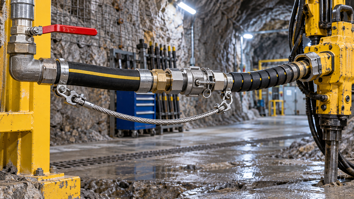 Pneumatic rock drill hose coupling with positive lock and restraint