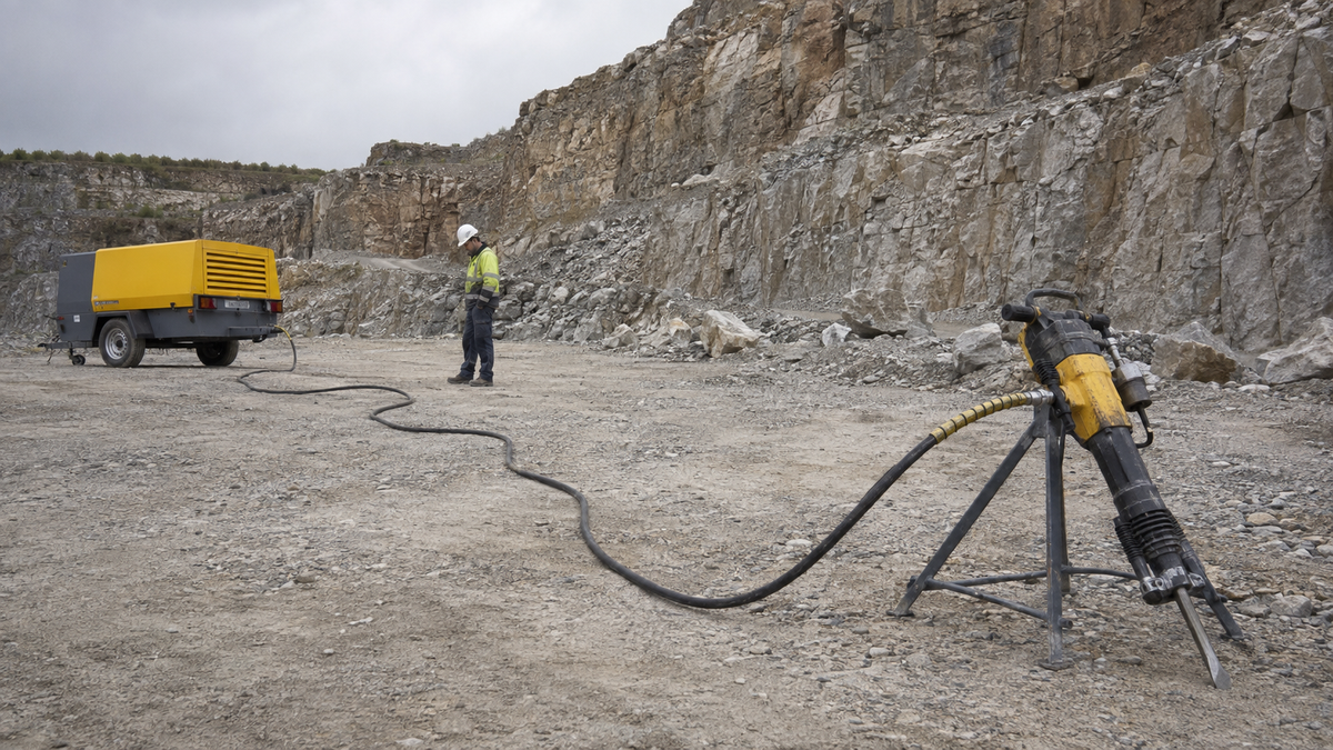 Portable compressor connected to a pneumatic rock drill by a long air hose at a quarry