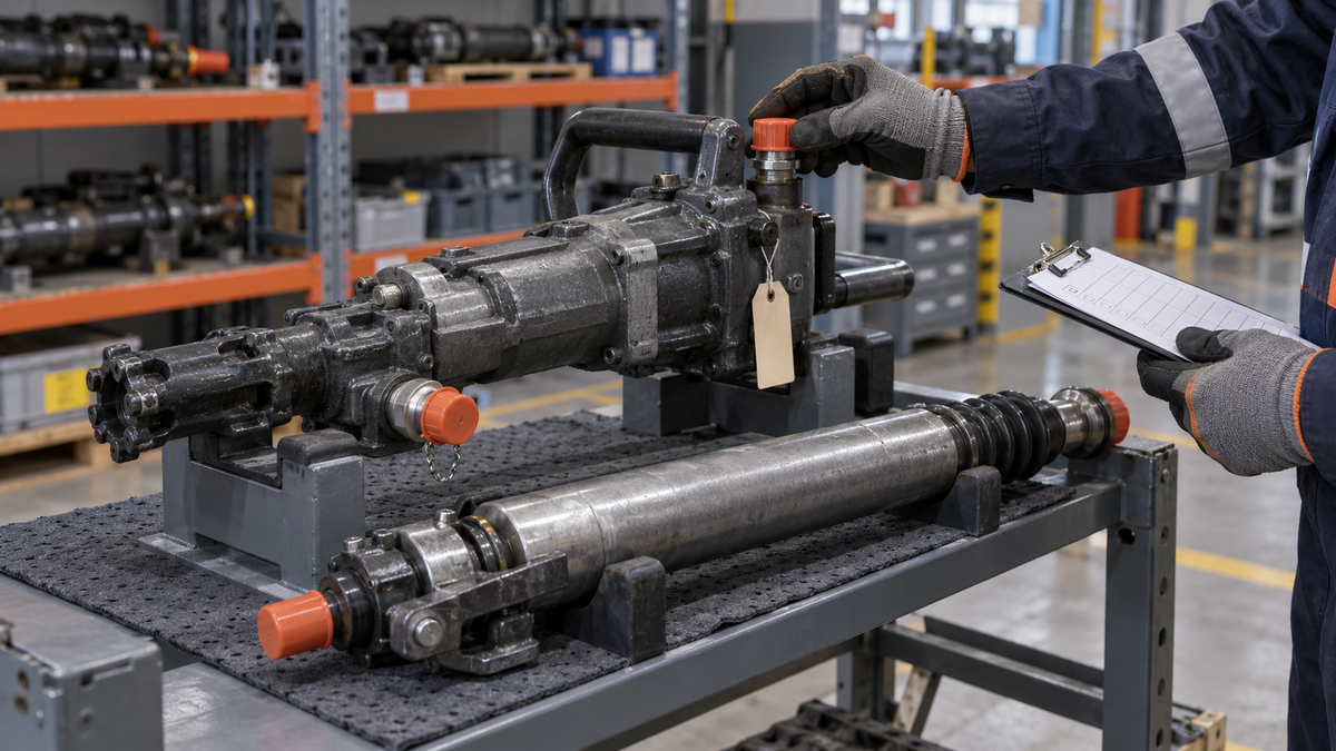 Pneumatic rock drill and air leg stored on a dry rack with capped ports and inspection record