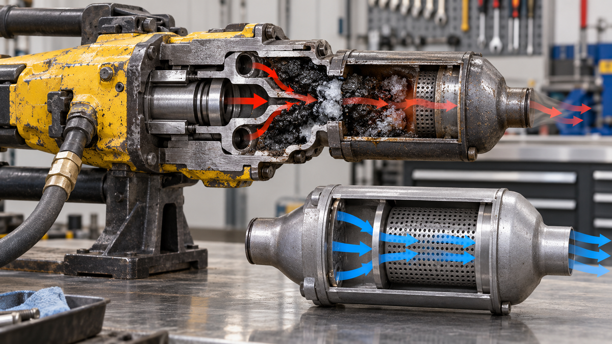 Pneumatic rock drill exhaust path showing a restricted muffler and a clean comparison muffler