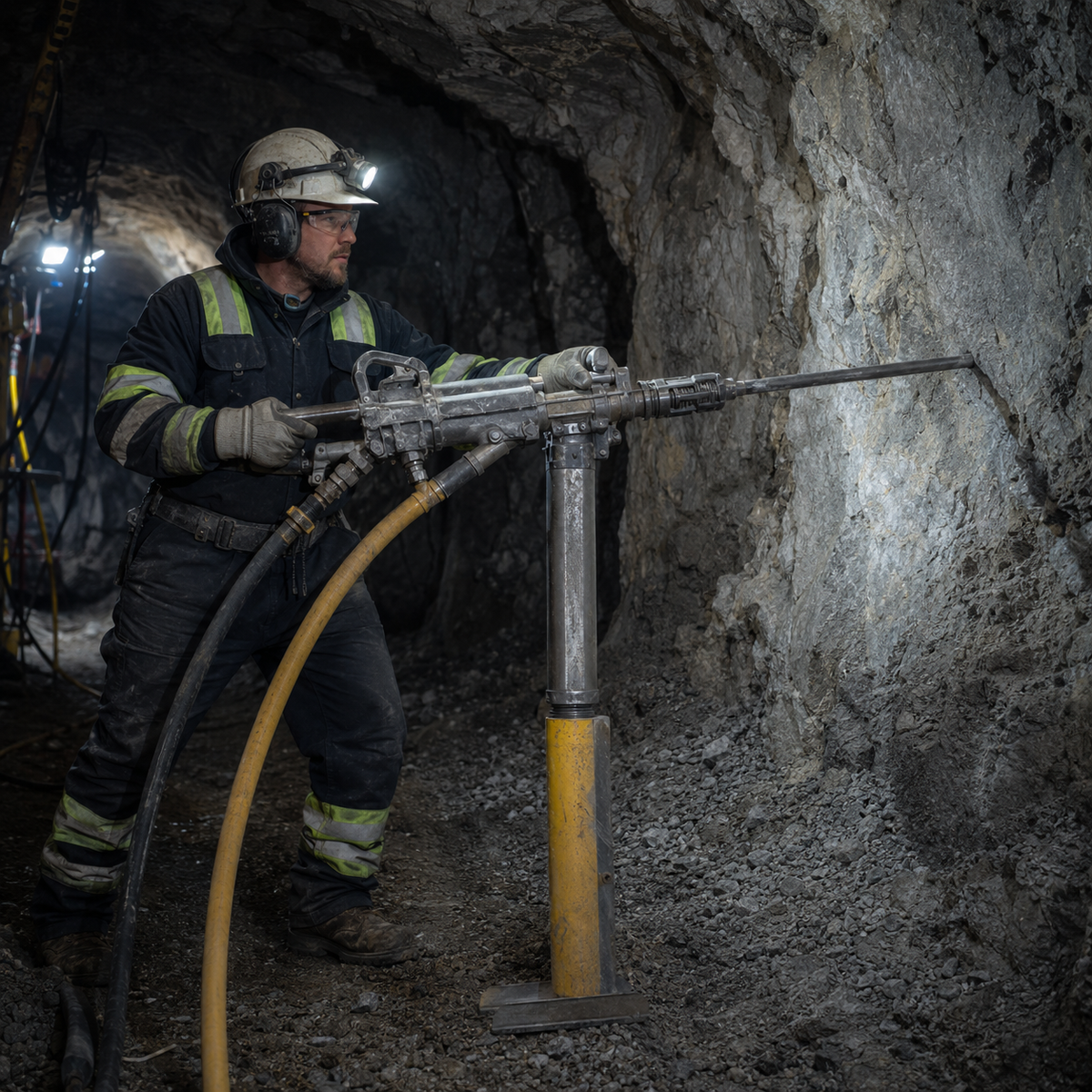 Air-leg pneumatic rock drill operating in an underground tunnel