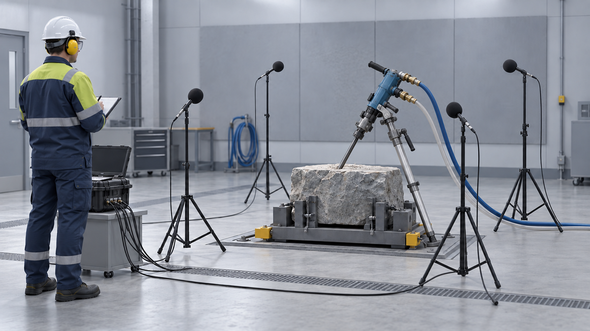 Pneumatic air-leg rock drill noise test setup with microphones around a secured stone block