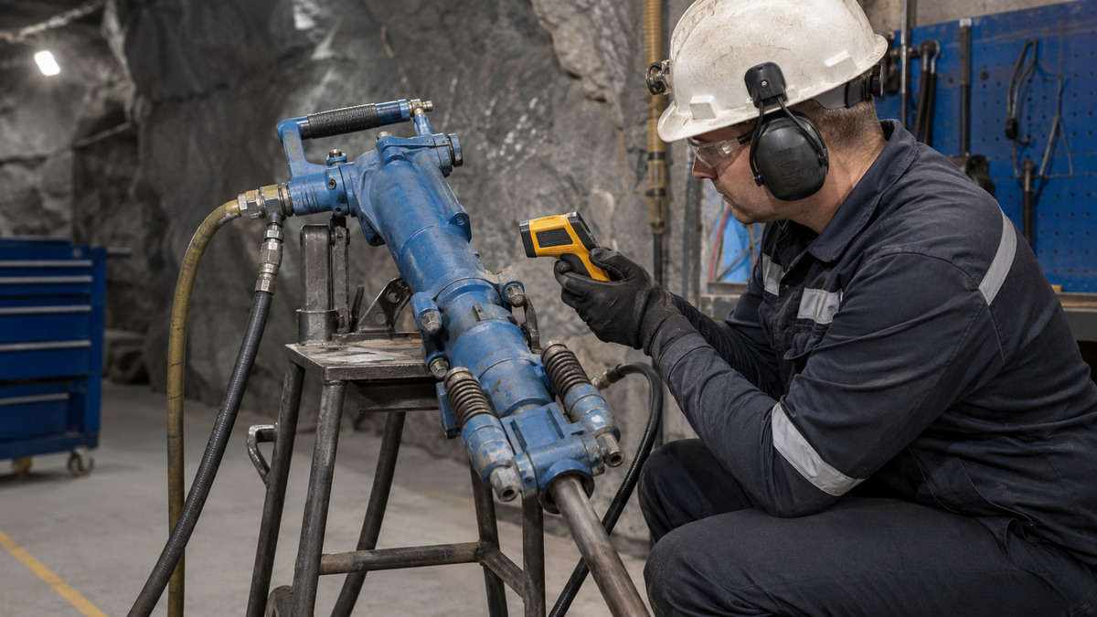 Technician checking an isolated air-leg rock drill for abnormal heat