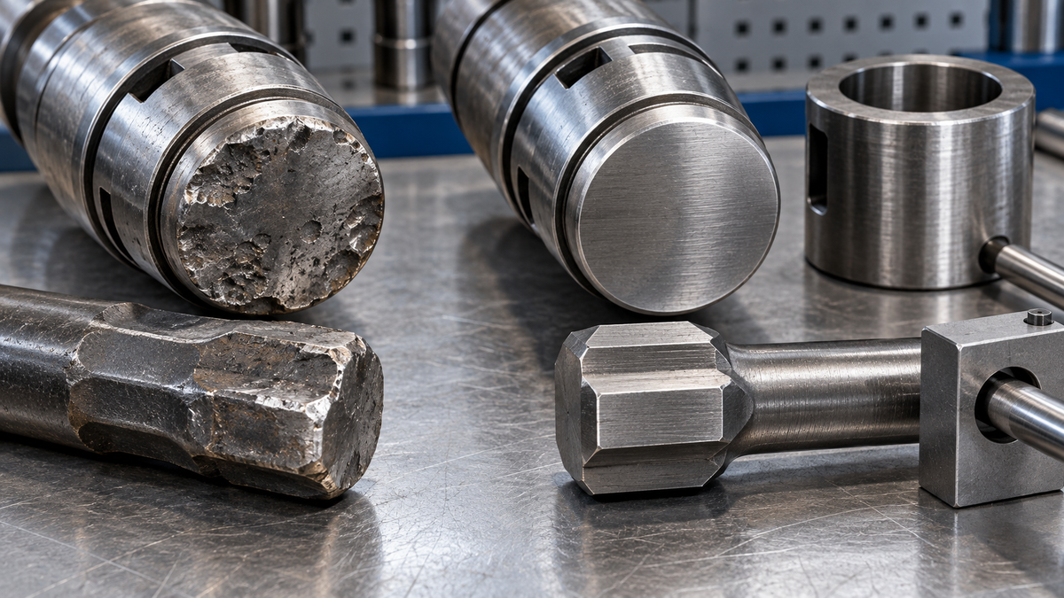 Damaged and acceptable pneumatic rock drill piston and drill-steel shank striking faces compared