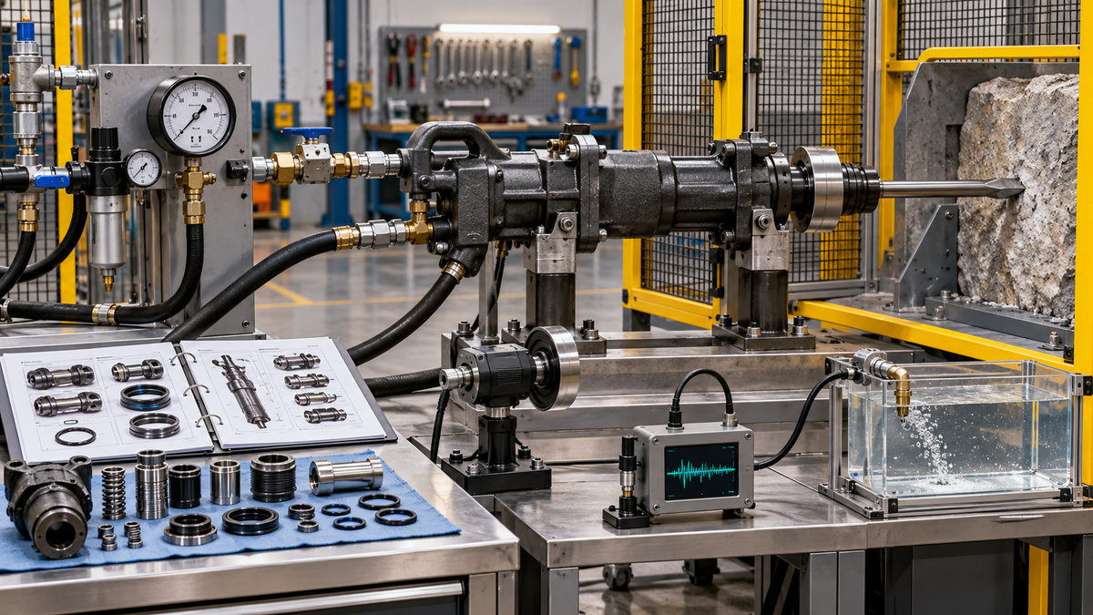 Rebuilt pneumatic rock drill in a guarded test bay for leakage, function, rotation and load verification