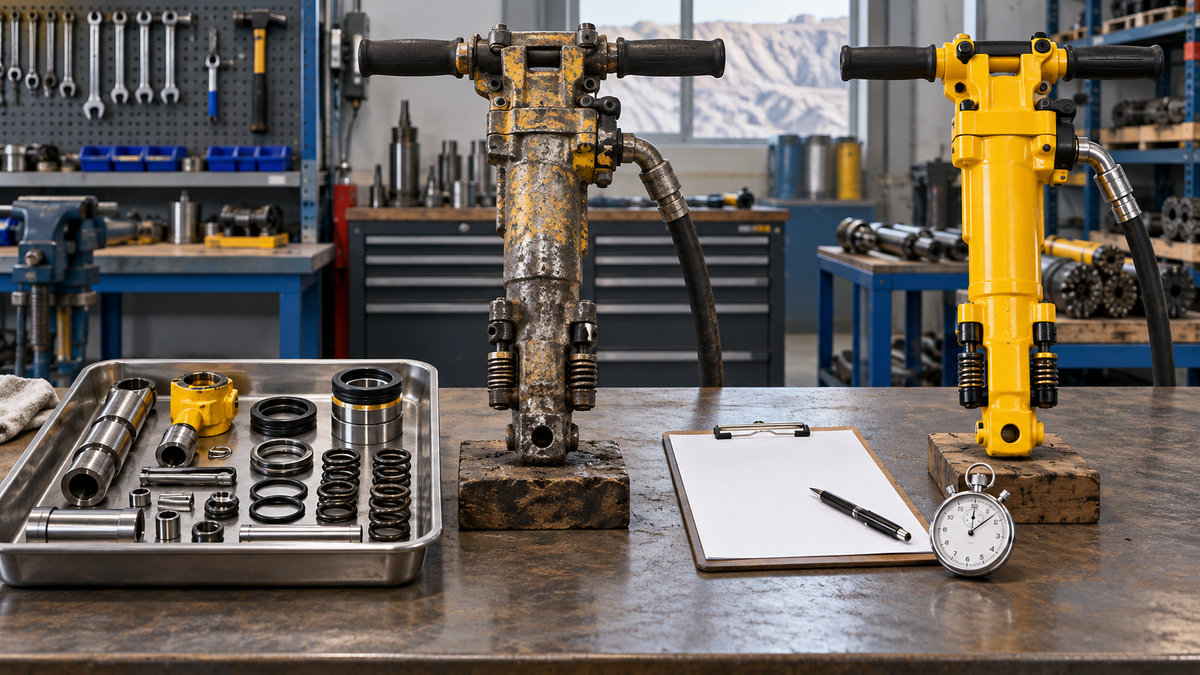 Worn pneumatic rock drill compared with repair parts and a replacement unit for cost and downtime review