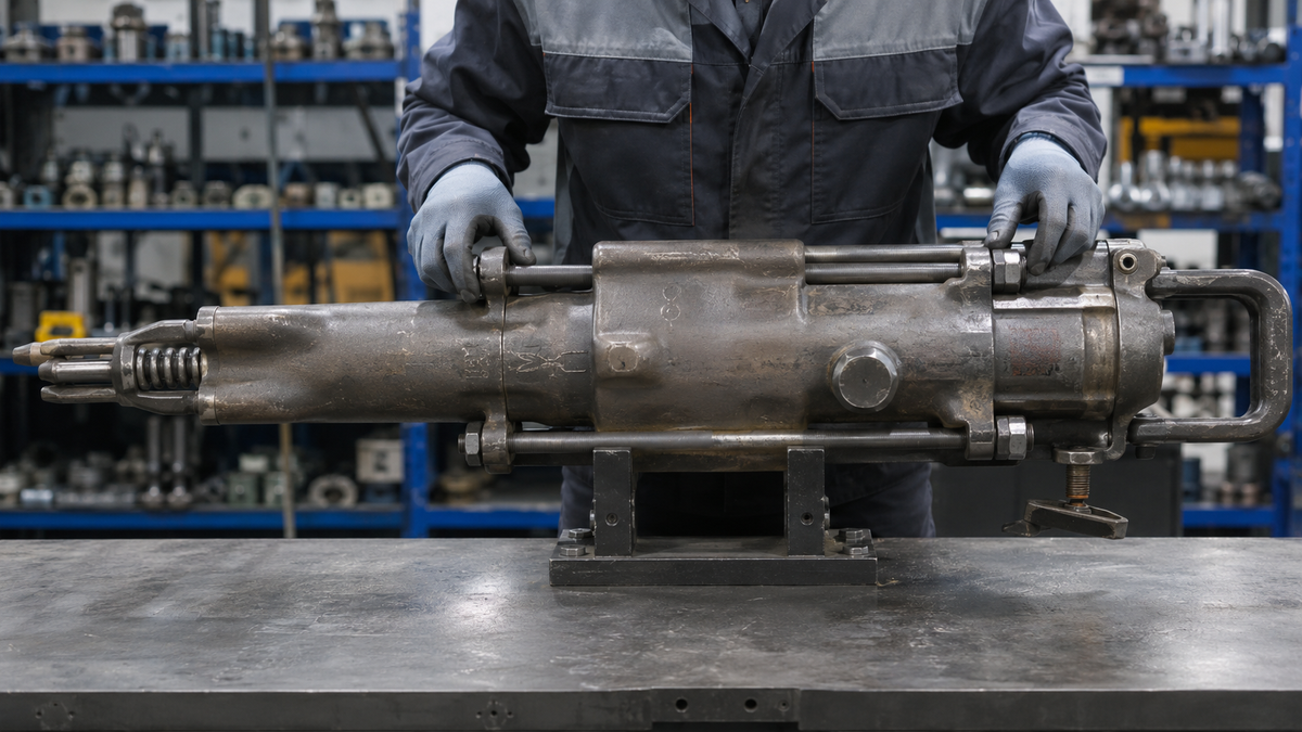 Technician inspecting side bolts on a pneumatic rock drill secured in a workshop fixture
