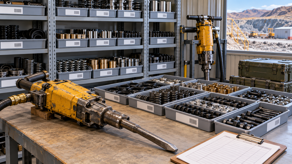 Remote-site pneumatic rock drill spare parts organized by model, criticality and replenishment need