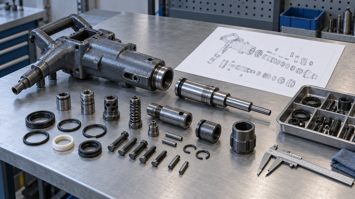 Pneumatic rock drill components arranged with an exploded-view drawing for spare-parts identification