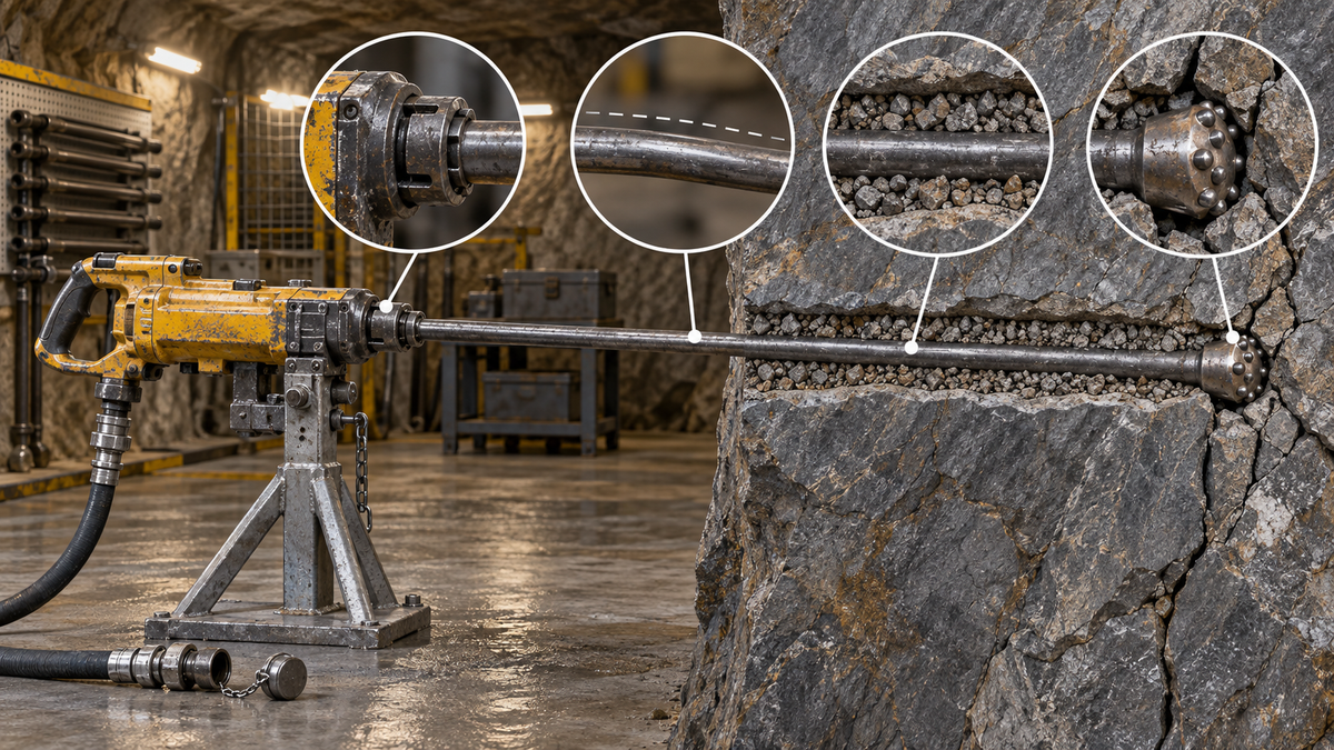 Pneumatic rock drill steel stuck in a hole with four diagnosis zones