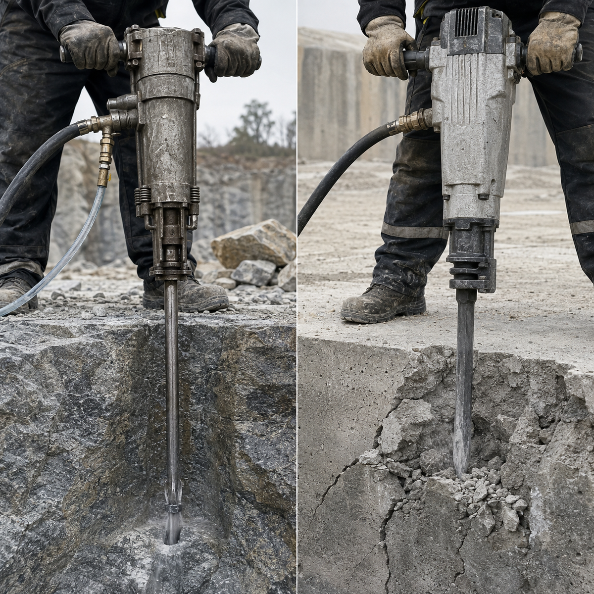 Pneumatic rock drill making a hole beside a jackhammer breaking concrete
