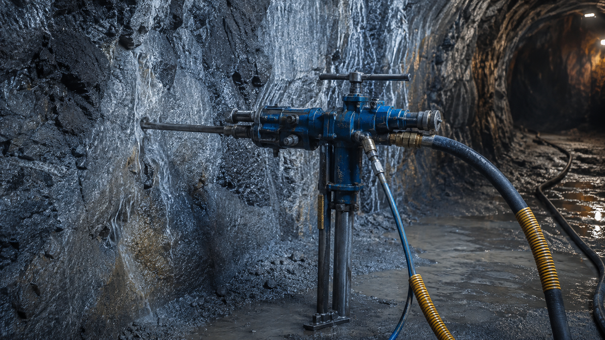 Air-leg pneumatic rock drill with separate water and compressed-air hoses at a wet tunnel face