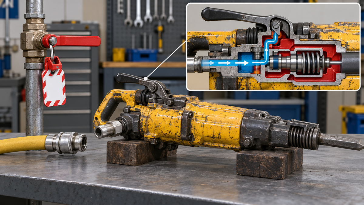 Isolated pneumatic rock drill with upstream air shutoff and throttle control path highlighted for safe diagnosis