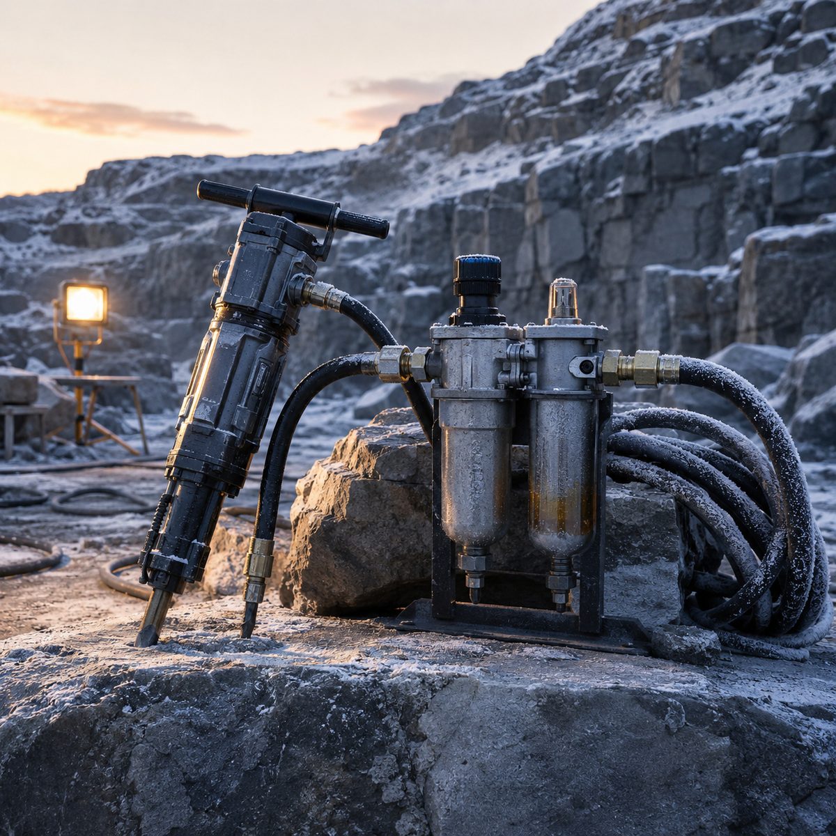 Pneumatic rock drill with air hose, water separator and lubricator in a cold quarry