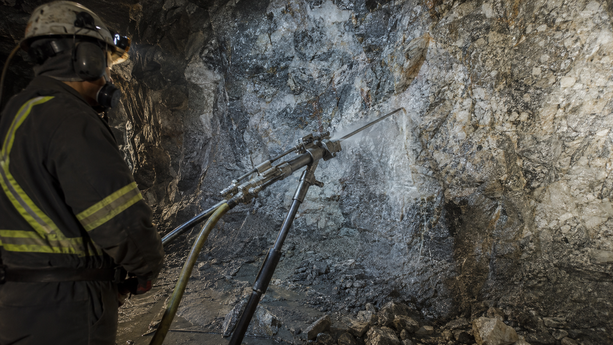 Air-leg pneumatic rock drill working with wet flushing in hard abrasive rock