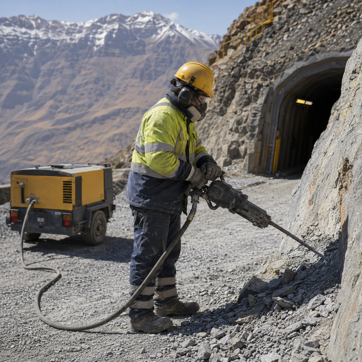 Pneumatic rock drill operating at a high-altitude mountain mine