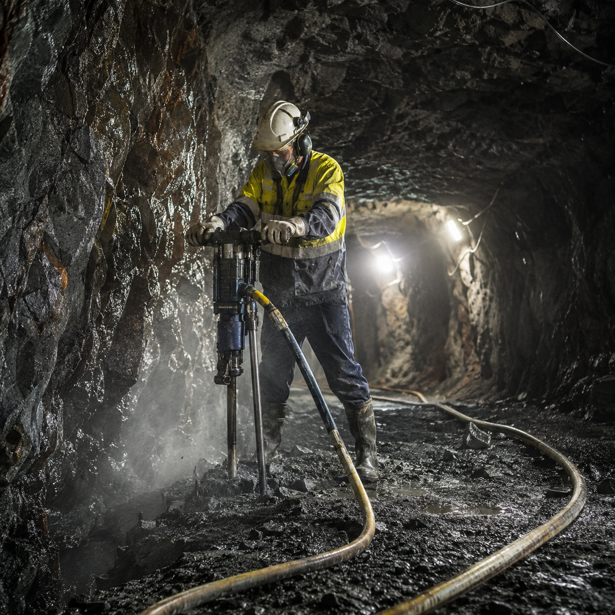 Pneumatic rock drill operating in a humid underground mine heading