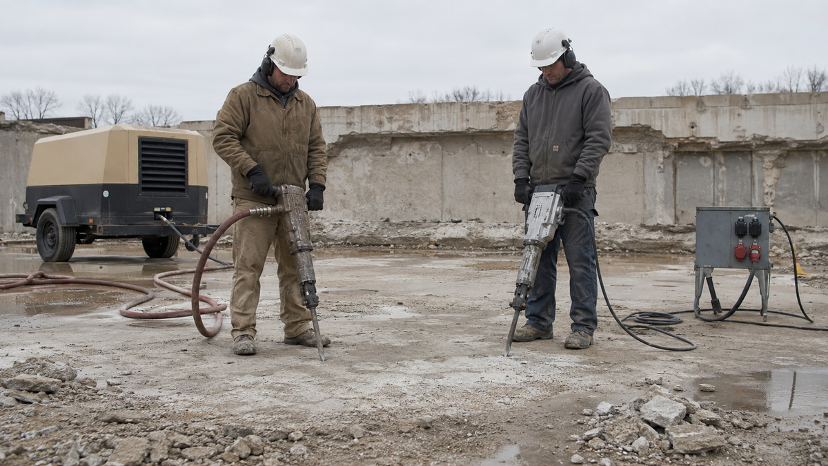 Pneumatic breaker and corded electric demolition hammer compared at a concrete jobsite