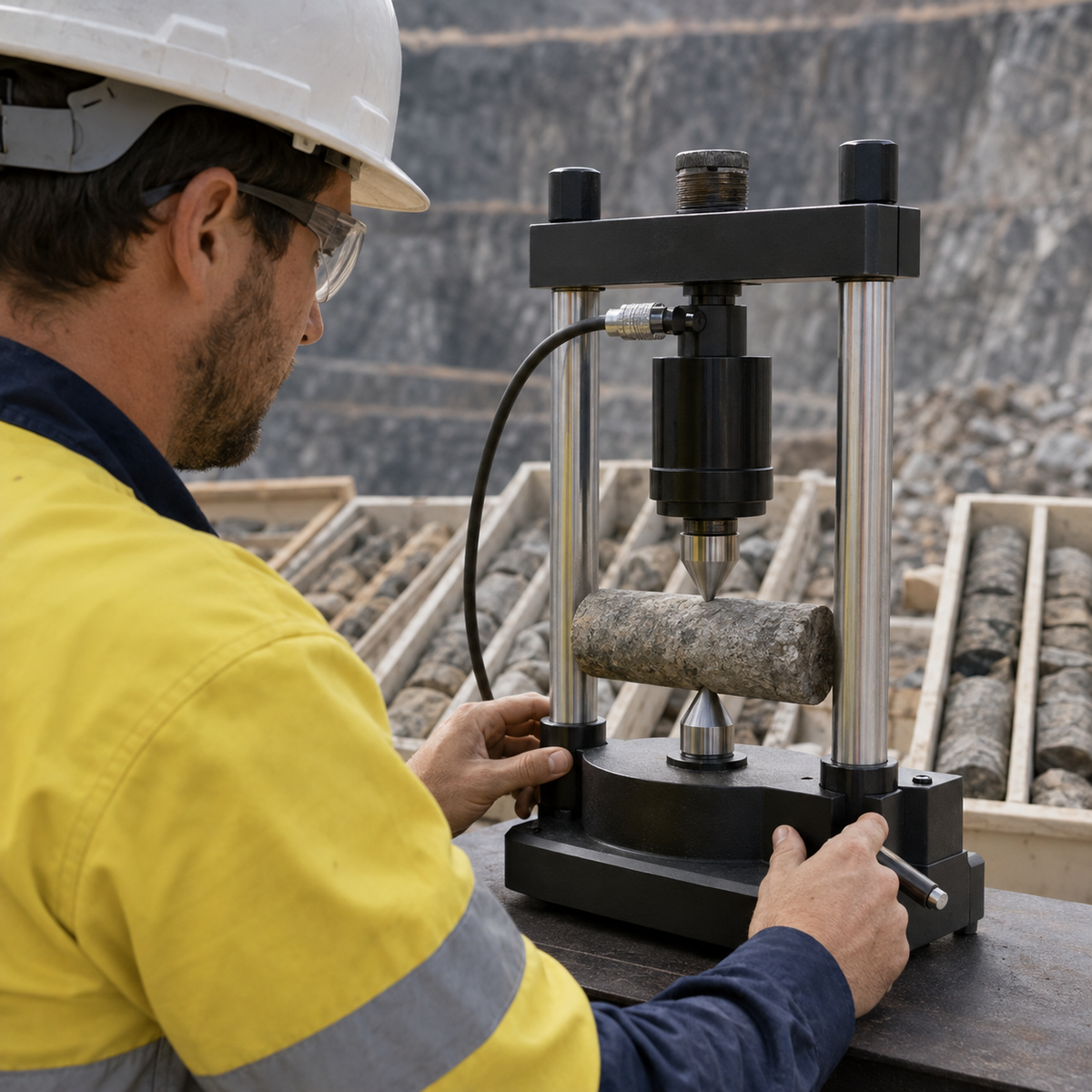 Technician performing a point-load strength test on a rock core