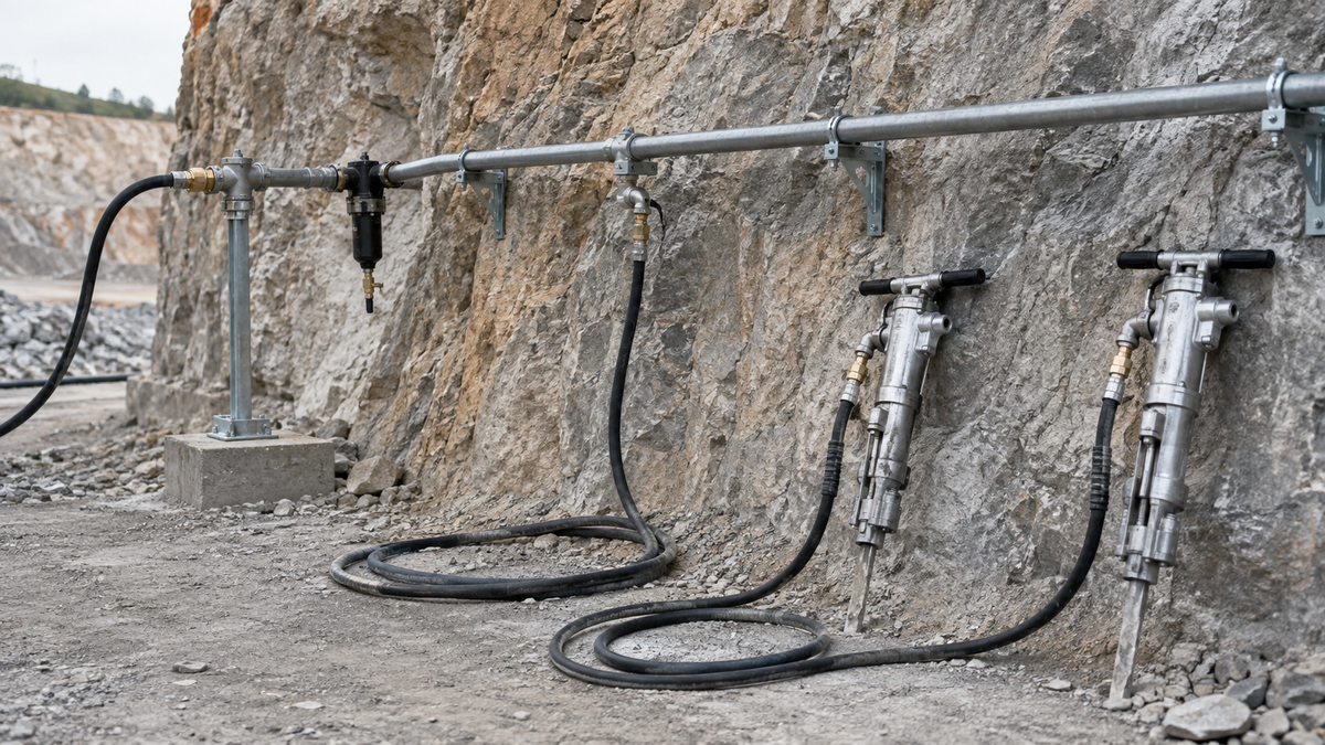 Compressed-air header with two dedicated hose branches beside a quarry rock face