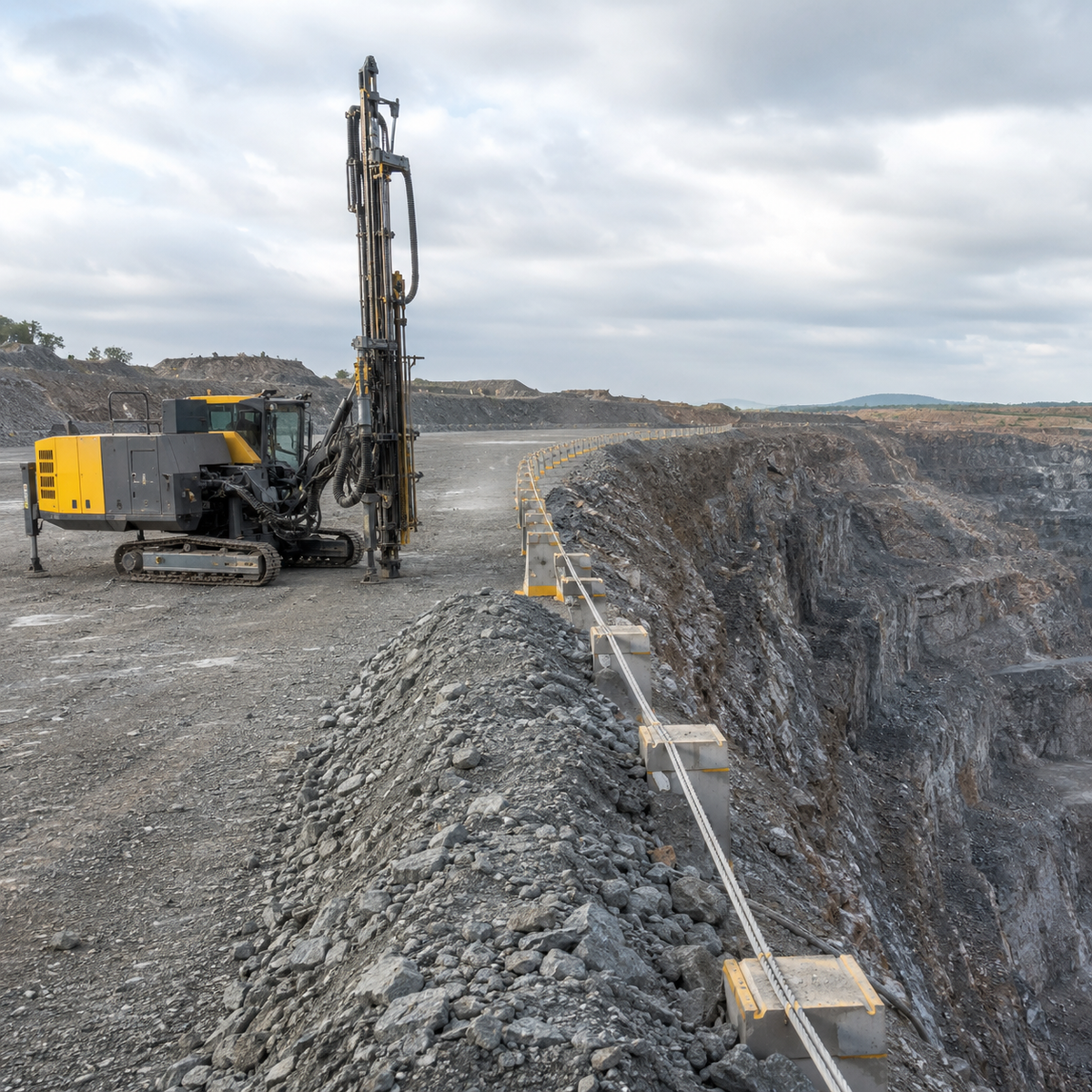Surface drill rig working behind edge protection on a quarry front-row drilling bench