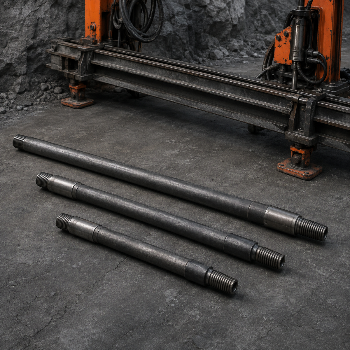 R32 top hammer drill rods in different lengths beside a drill feed