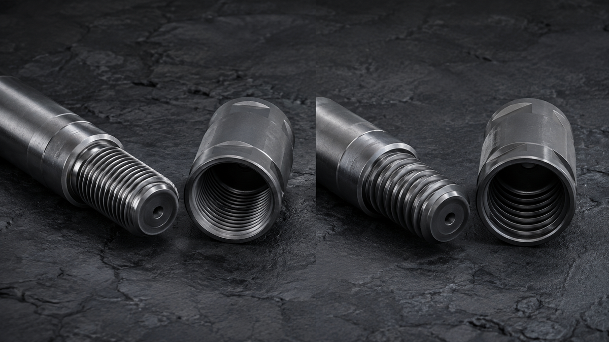 Rope-profile and trapezoidal-profile top hammer drill rod threads shown side by side