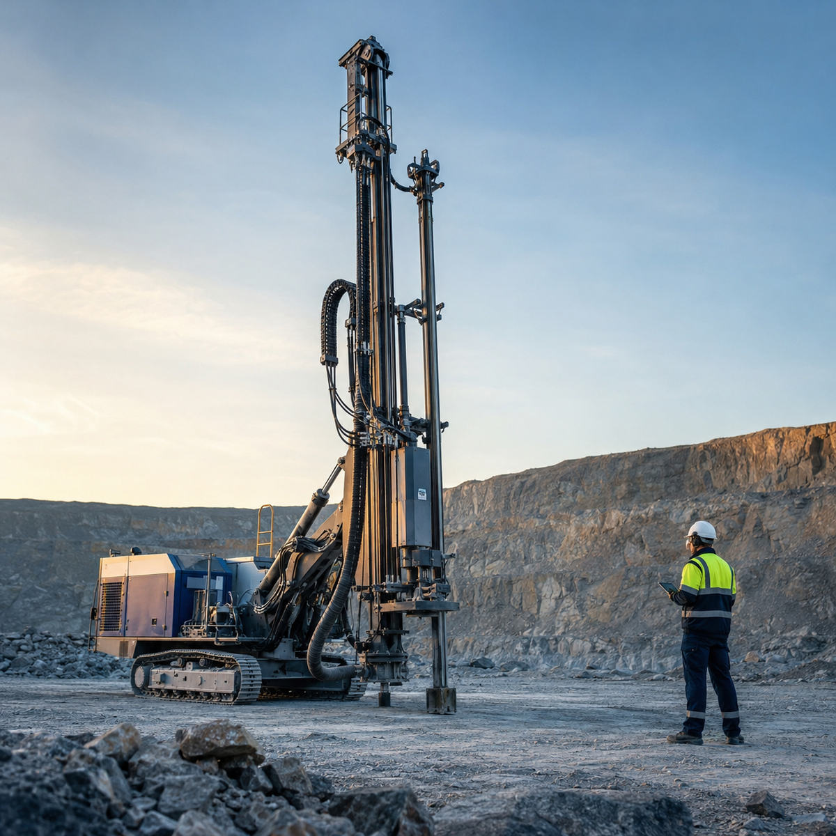 Surface rock drill rig with feed mast and engineer reviewing operating conditions