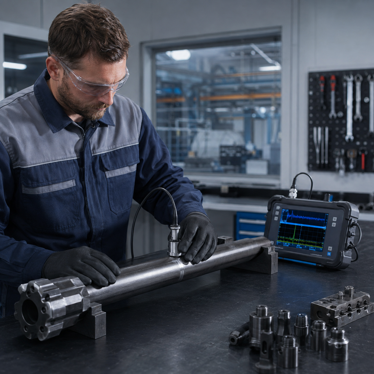 Technician performing ultrasonic inspection on a steel rock drill rod